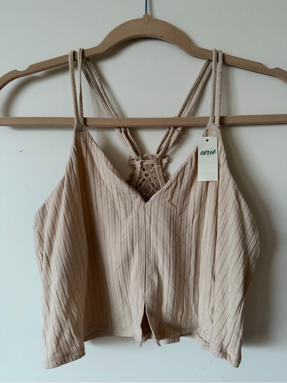 aerie Beige Ribbed Lace-Back Camisole
